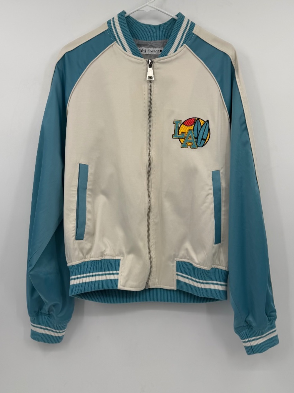 Zara Varsity Jacket Men Medium White Blue LA Malibu Sunset Full Zip Embroidered